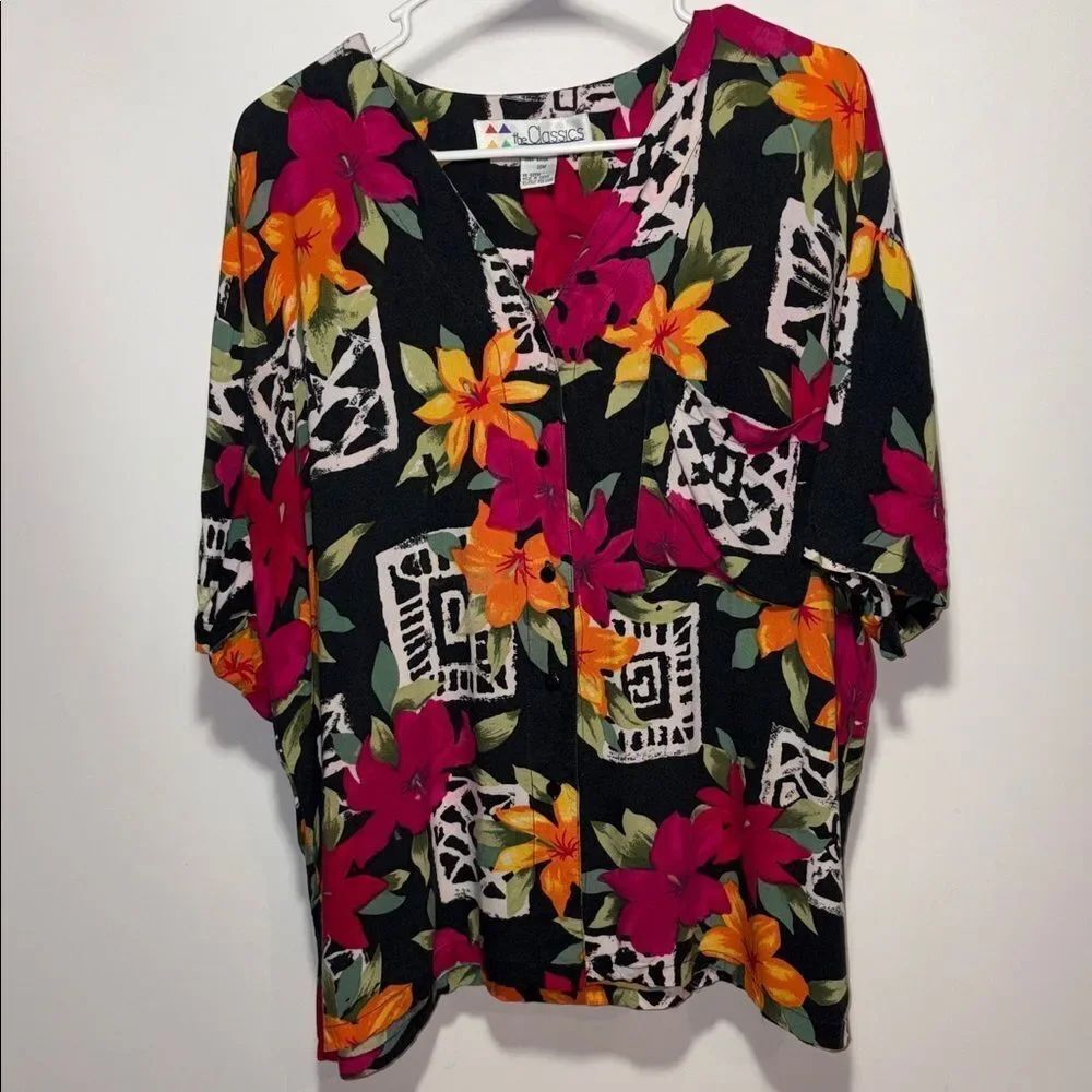The Classic Black Blouse with Pink and Orange Floral Design